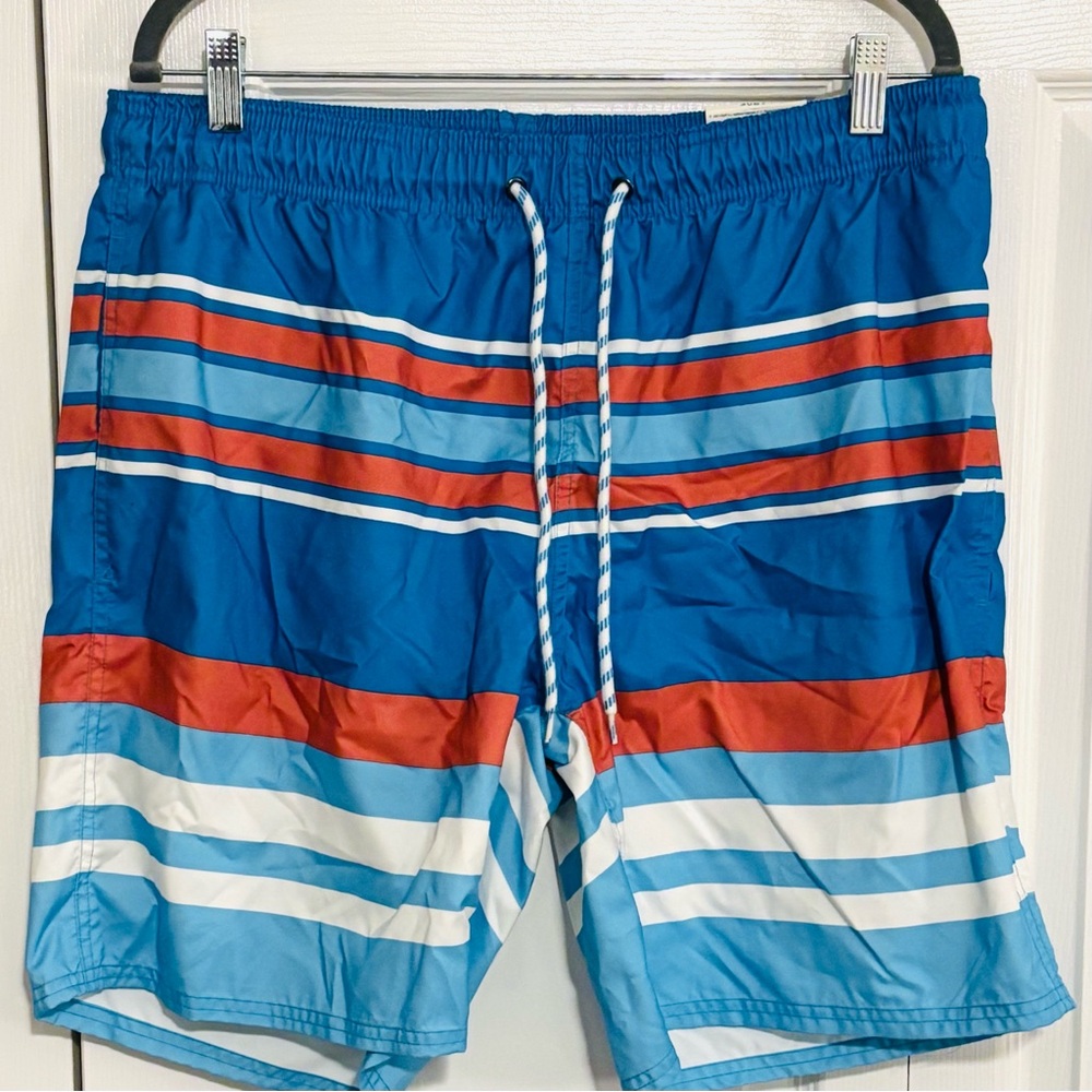 St. John's Bay Blue and Red Striped Swim Trunk